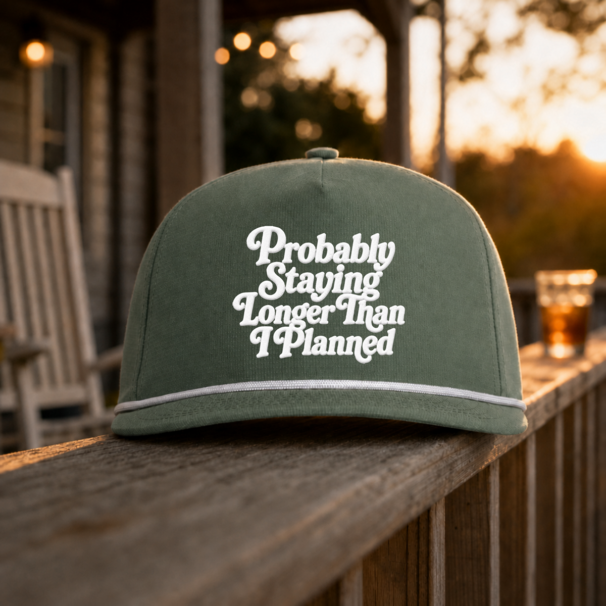 "Probably Staying Longer Than I Planned" Embroidered Rope Hat